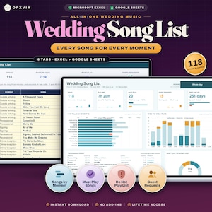 May include: A digital wedding song list planner displayed on two laptop screens, featuring spreadsheets for Microsoft Excel and Google Sheets. The interface includes data tables, bar charts, and circular graphs for tracking 118 songs, guest requests, and music timing for various wedding moments.