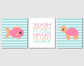Kids Bathroom Rules Wall Art Brush Flush Set of 3 Signs 7.5/” x 10/” Racecar Wash Let/’s Go Racing
