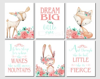 Set of 3 Girls Rule Unicorn Dream Big Pink Prints Nursery Kids Room Wall Art