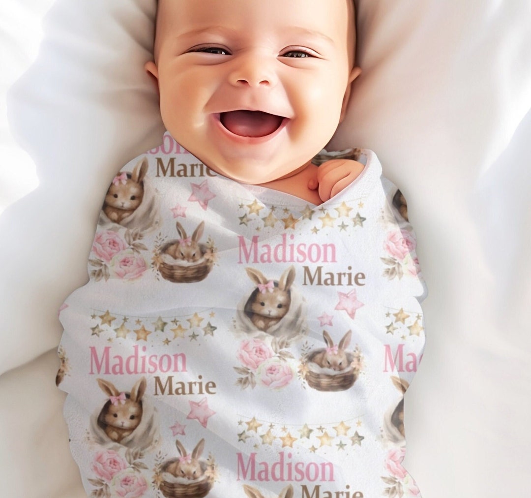 Personalized Baby Girl Bunny Blanket, Custom Minky Blanket, Baby Girl