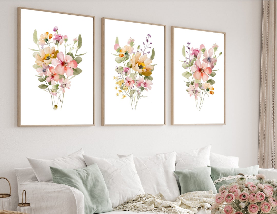 Wildflower Bouquet Prints, Flower Print Set of 3, Watercolor Flowers ...