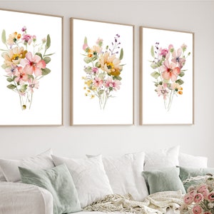 Wildflower Bouquet Prints, Flower Print Set of 3, Watercolor Flowers, Bedroom Wall Art, Living Room Wall Art, Farmhouse Decor, Digital Print