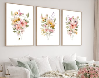 Wildflower Bouquet Prints, Flower Print Set of 3, Watercolor Flowers, Bedroom Wall Art, Living Room Wall Art, Farmhouse Decor, Digital Print