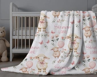 Lamb Blanket Baby Girl, Personalized Lamb Swaddle, Sheep Blanket Toddler Girl, Custom Lamb Hospital Blanket, Personalized Blanket with Lambs