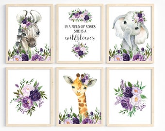 Purple Lavender Floral Nursery Decor, In a Field of Roses She is a Wildflower, Safari Animals Wall Art, Girl Room Decor, Set of 6, Printable
