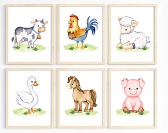 Farm animal prints, Farm animals nursery art, Cute barnyard decor, Rustic farm theme baby room decor, Gender neutral, 6 Prints or Canvas