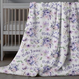 Purple Floral Baby Girl Swaddle, Personalized Floral Baby Blanket, Soft Baby Blanket with Flower Theme, Custom Baby Gift, Lavender Minky