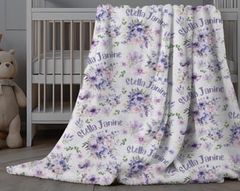 Purple Floral Baby Girl Swaddle, Personalized Floral Baby Blanket, Soft Baby Blanket with Flower Theme, Custom Baby Gift, Lavender Minky