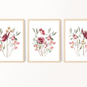 Wildflower Bouquet Prints, Red Flower Prints, Watercolor Flowers, Bedroom Wall Art, Living Room Wall Art, Farmhouse Decor, Digital Prints