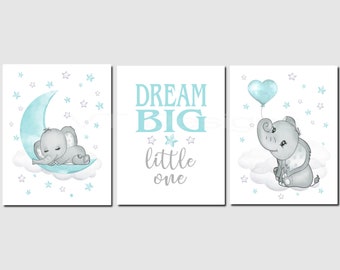 Gender Neutral Nursery Decor, Elephant Theme Nursery, Dream Big Little One, Elephant Nursery Art, Boy Nursery Art, Unframed Prints or Canvas