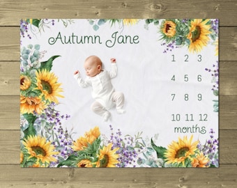 Sunflower Milestone Blanket Girl, Floral Blanket Baby Girl, Personalized Gift, Sunflower Growth Blanket, New Mom Gift, Baby Shower Gift