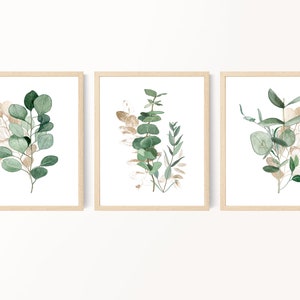 Eucalyptus Prints, Botanical Print Set, Green and Gold Home Decor, Leaf Prints, Plant Prints, Living Room Wall Art, Watercolor Paintings