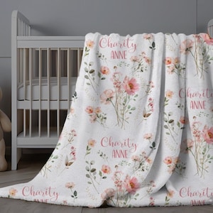 Pink Floral Baby Name Blanket, Personalized Baby Girl Blanket, Flower Baby Name Swaddle, Custom Wildflowers Minky Blanket, New Baby Gift