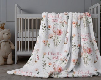 Pink Floral Baby Name Blanket, Personalized Baby Girl Blanket, Flower Baby Name Swaddle, Custom Wildflowers Minky Blanket, New Baby Gift