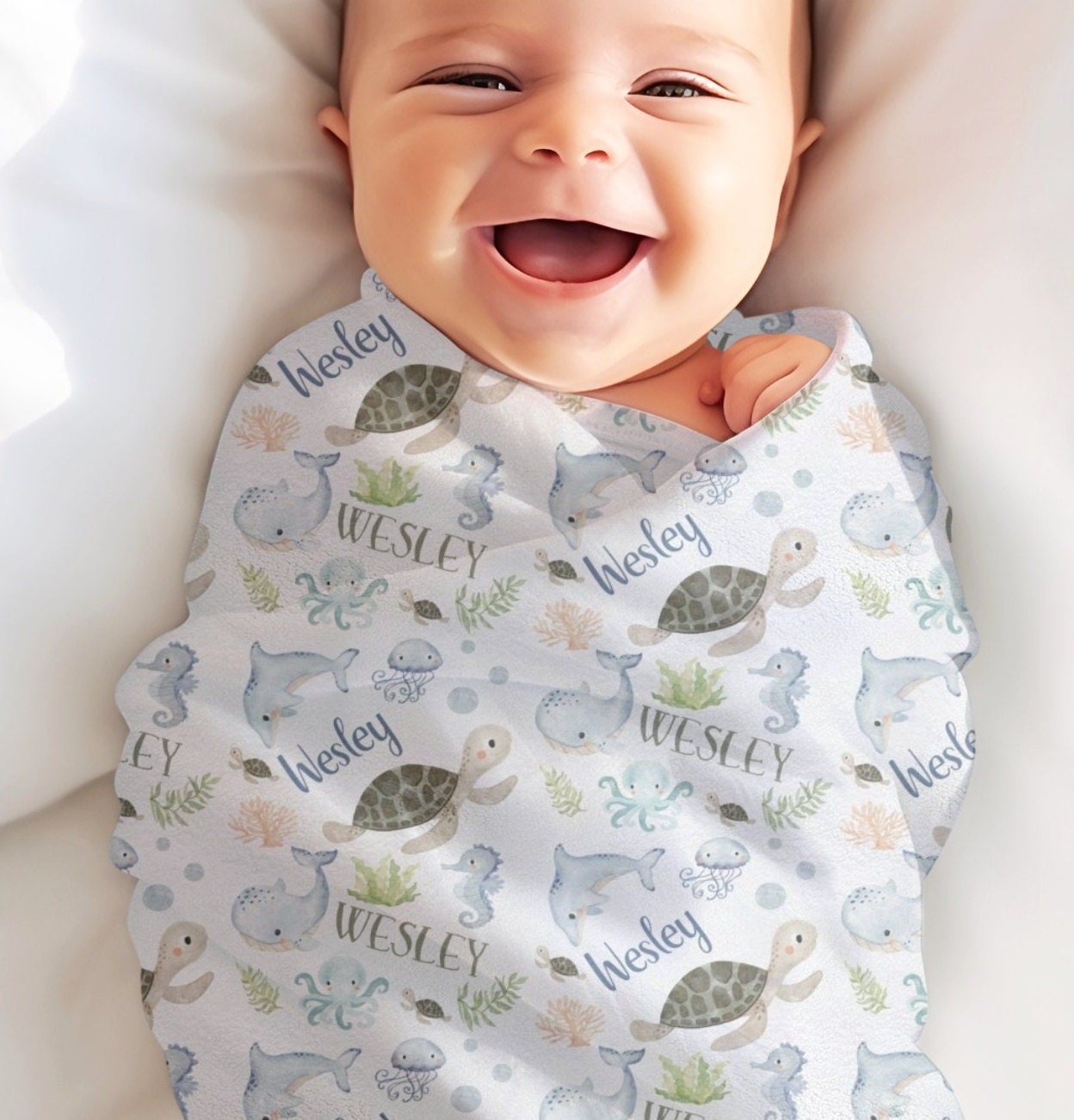 Sea Creatures Baby Name Blanket, Personalized Baby Boy Blanket, Ocean ...