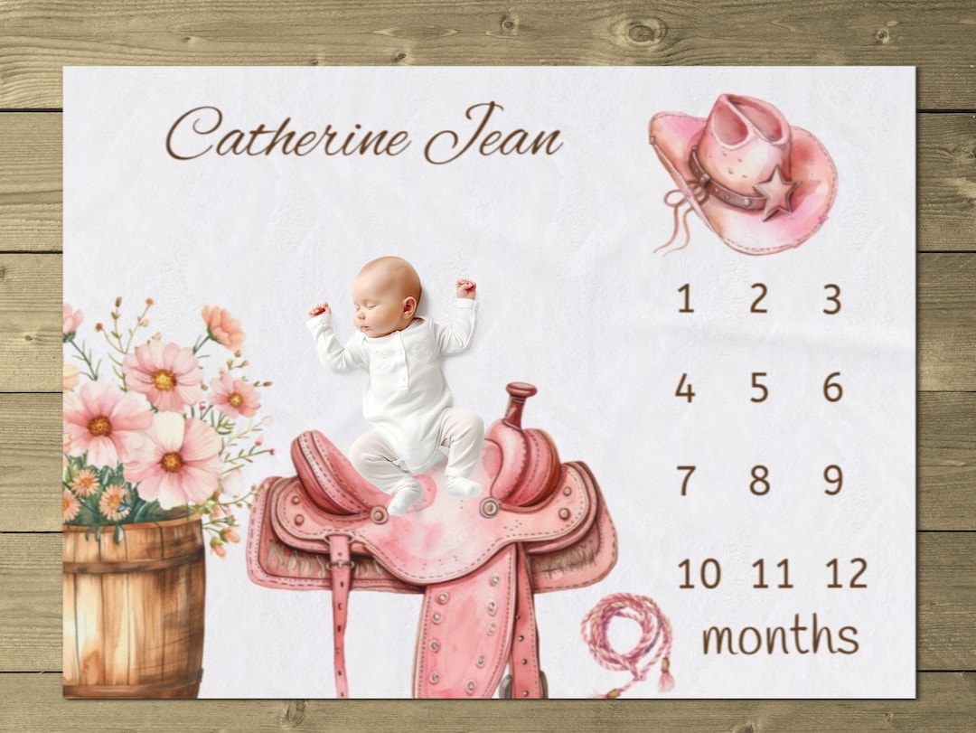 Baby Monthly Milestone Blanket - Western Cowboys Floral Design, 47x47 Inches, Includes Photo Frames & Headband
