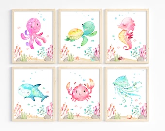 Sea animal prints, Girl nautical nursery decor, Nursery ocean prints, Sea creatures wall art, Toddler girl watercolor wall art, 6 Printable