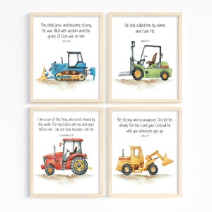 Kids Bible verse wall art, Construction nursery prints, Truck print set, Scripture prints for kids, Boy room decor, Sunday school, Printable