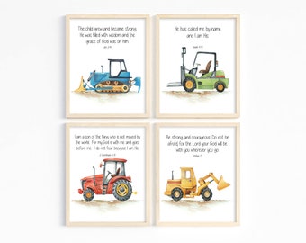 Kids Bible verse wall art, Construction nursery prints, Truck print set, Scripture prints for kids, Boy room decor, Sunday school, Printable