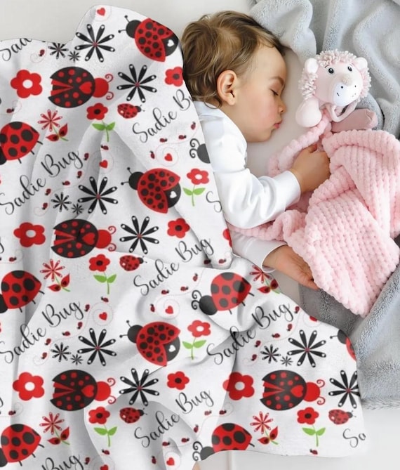 Red Ladybug Blanket, Personalized Baby Name Blanket, Custom Minky Blanket, Personalized Infant Swaddle