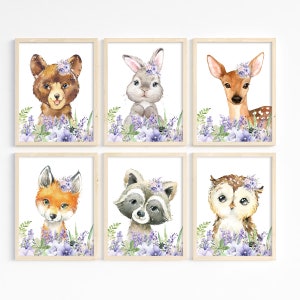 Purple Woodland Animal Prints - Lavender Baby Girl Nursery Wall Art - Printable - Baby Forest Animals - Purple Floral Girl Bedroom Decor