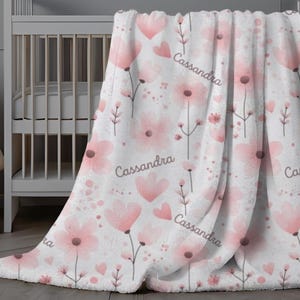 Custom Baby Blanket with Blush Pink Flowers, Personalized Baby Girl Swaddle, Floral Baby Name Blanket, Baby Shower Gift, New Mom Gift