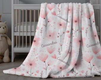 Custom Baby Blanket with Blush Pink Flowers, Personalized Baby Girl Swaddle, Floral Baby Name Blanket, Baby Shower Gift, New Mom Gift