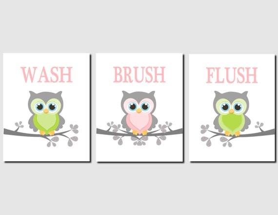 Girls Bathroom Art Owls Pink Gray Green Owl Bathroom Theme Etsy