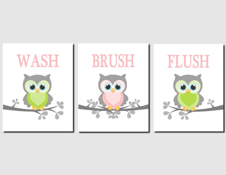 Girls Bathroom Art Owls Pink Gray Green Owl Bathroom Theme Etsy