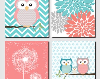 Coral, Teal, Gray, Girl Nursery Art Prints, Owl Nursery Decor, Dandelions, Peonies, Girl Room Decor, Set of 4, Unframed Prints or canvas