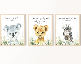 Kids Bible verse wall art, Safari animal nursery prints, Baby animals, Scripture verse, Gender neutral, Koala, Unframed Prints or Canvas