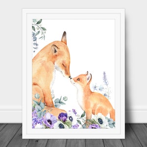 Fox Wall Art, Fox Print, Baby Girl Nursery Art, Woodland Animals Nursery Decor, Purple Floral Nursery Art, Woodland Theme, Printable