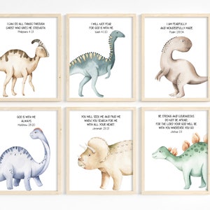 Stampe di dinosauri, stampe di versetti biblici per bambini, decorazioni murali con versetti biblici per bambini, regalo cristiano, scuola domenicale, decorazioni murali per bambini piccoli, 6 stampe