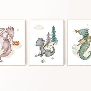 Nursery printable art set, DIY nursery decor, Dragon prints, Castle and dragons nursery art, Mythical creatures, Fairytale baby dragons, 3