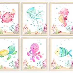 Under the sea nursery decor, Ocean theme, Nursery wall art, Sea animal prints, Girl nautical nursery decor, Girl bedroom, Set of 6 Printable