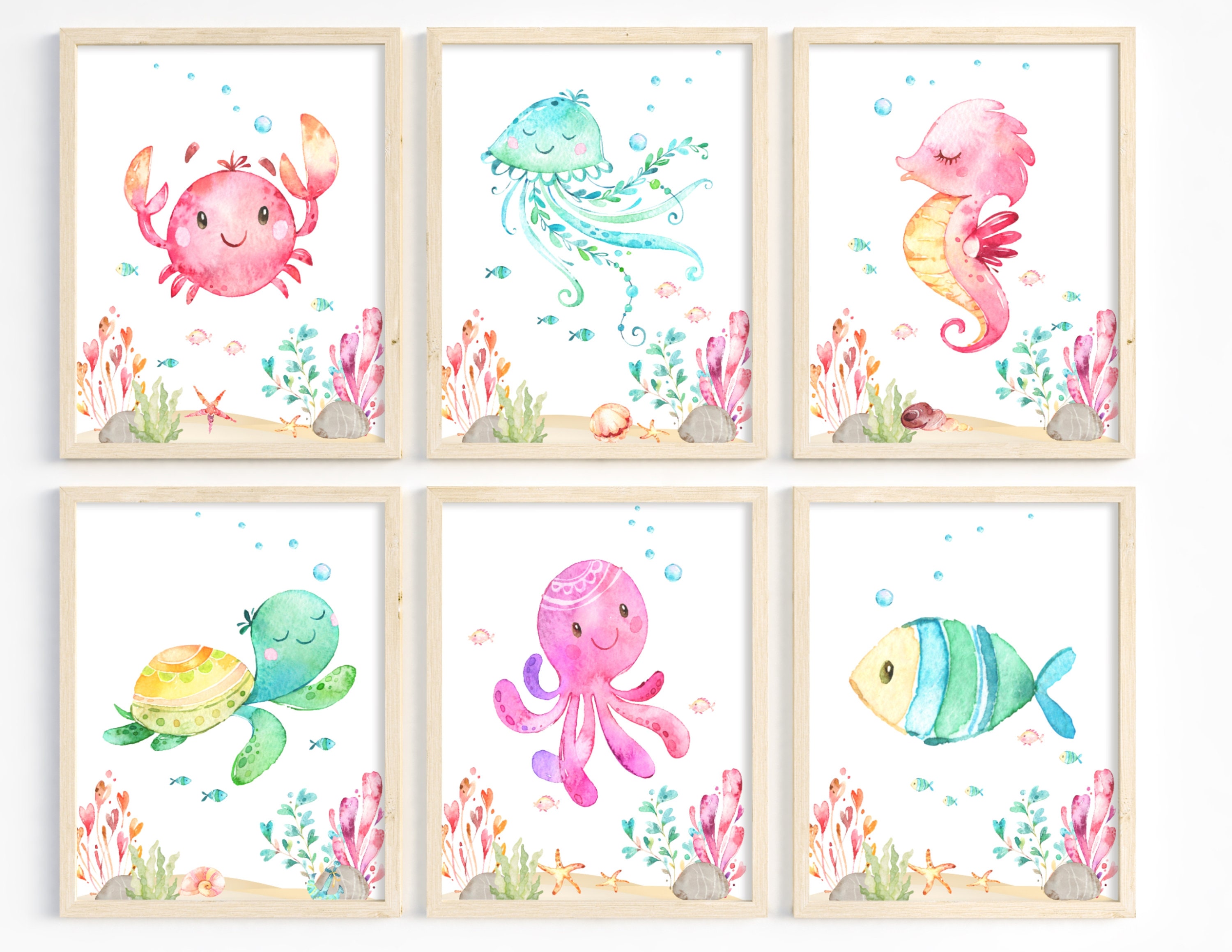 Under the sea nursery decor, Ocean theme, Nursery wall art, Sea animal prints, Girl nautical nursery decor, Girl bedroom, Set of 6 Printable