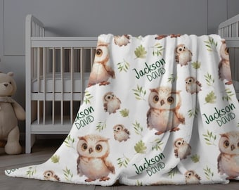 Personalized Owl Baby Name Blanket Woodland Infant Swaddle Hospital Blanket New Mom Gift Newborn Baby Shower Gift Toddler Boy Blanket Birds