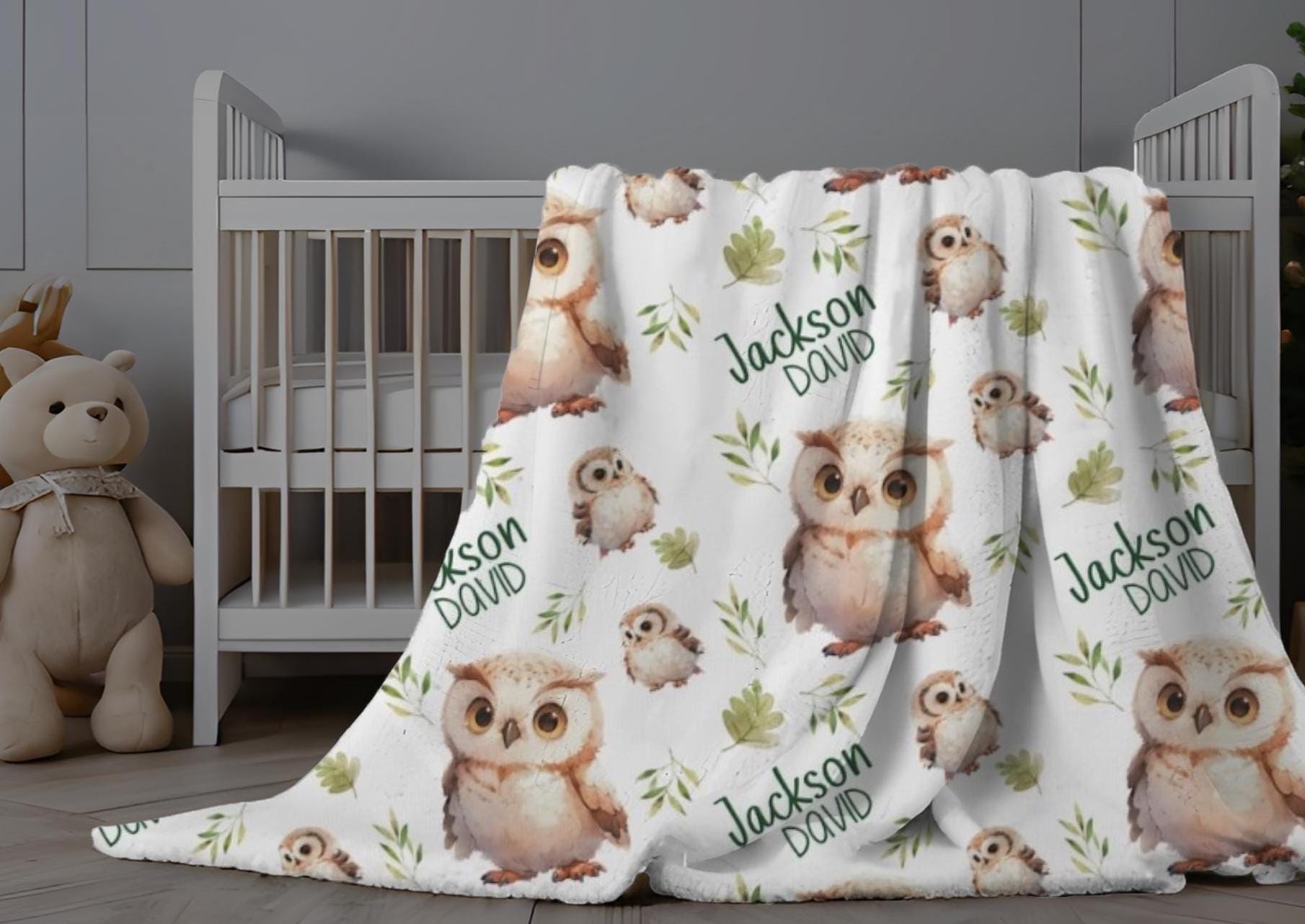 Personalized Owl Baby Name Blanket Woodland Infant Swaddle Hospital Blanket New Mom Gift Newborn Bab