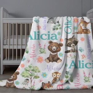 Personalized Woodland Animals Minky Baby Blanket - Custom Name Forest Theme 30x40 Inches