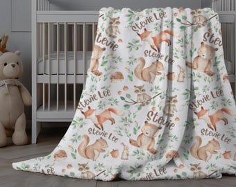 Personalized Baby Boy Blanket with Bear, Fox, Raccoon, Bunny, Woodland Animal Swaddle, Baby Blanket Forest Animals Custom Baby Name Gift
