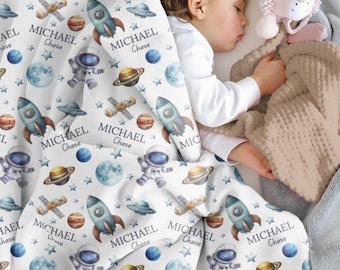 Personalized space swaddle blanket, Astronaut baby blanket, Custom rocket blanket, Newborn baby minky, Baby name blanket, Baby shower gift