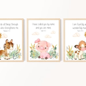 May include: Three printable nursery art prints featuring watercolor illustrations of a horse, pig, and cow. Each print includes a bible verse: "I can do all things through Christ who strengthens me. Philippians 4:13", "I have called you by name and you are mine. Isaiah 43:1", and "I am fearfully and wonderfully made. Psalm 139:14".
