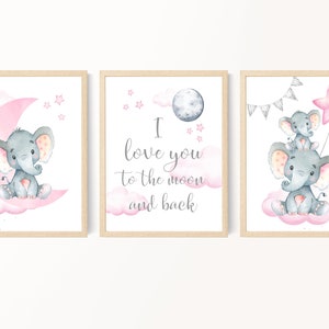 Rosa graues Kinderzimmer Dekor - Elefant Druckset - Love you to the moon - Elefant Babyzimmer Deko - Digitaler Download