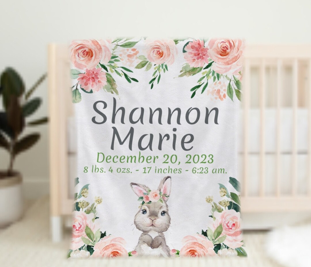 Blush Floral and Bunny Blanket, Baby Birth Stats Blanket, Personalized