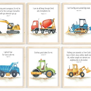 Construction nursery prints, Kids Bible verse wall art, Truck print set, Scripture prints for kids, Boy room decor, Sunday school, Printable