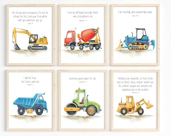 Construction nursery prints, Kids Bible verse wall art, Truck print set, Scripture prints for kids, Boy room decor, Sunday school, Printable