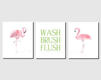 Flamingo Bathroom Wall Art, Girl Bathroom. Kids Bathroom Art, Wash, Brush, Flush, Green, Pink, Tropical Bathroom, Unframed Prints or Canvas