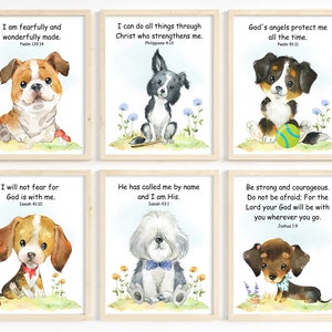 Art mural de versets bibliques pour enfants, impressions de chiots, impressions d'écritures saintes pour enfants, cadeau chrétien, école du dimanche, art mural chien chien, garçon, 6 imprimables