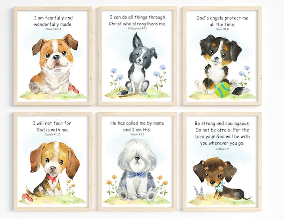 Kids Bible Verse Wall Art, Puppy Dog Prints, Scripture Prints for