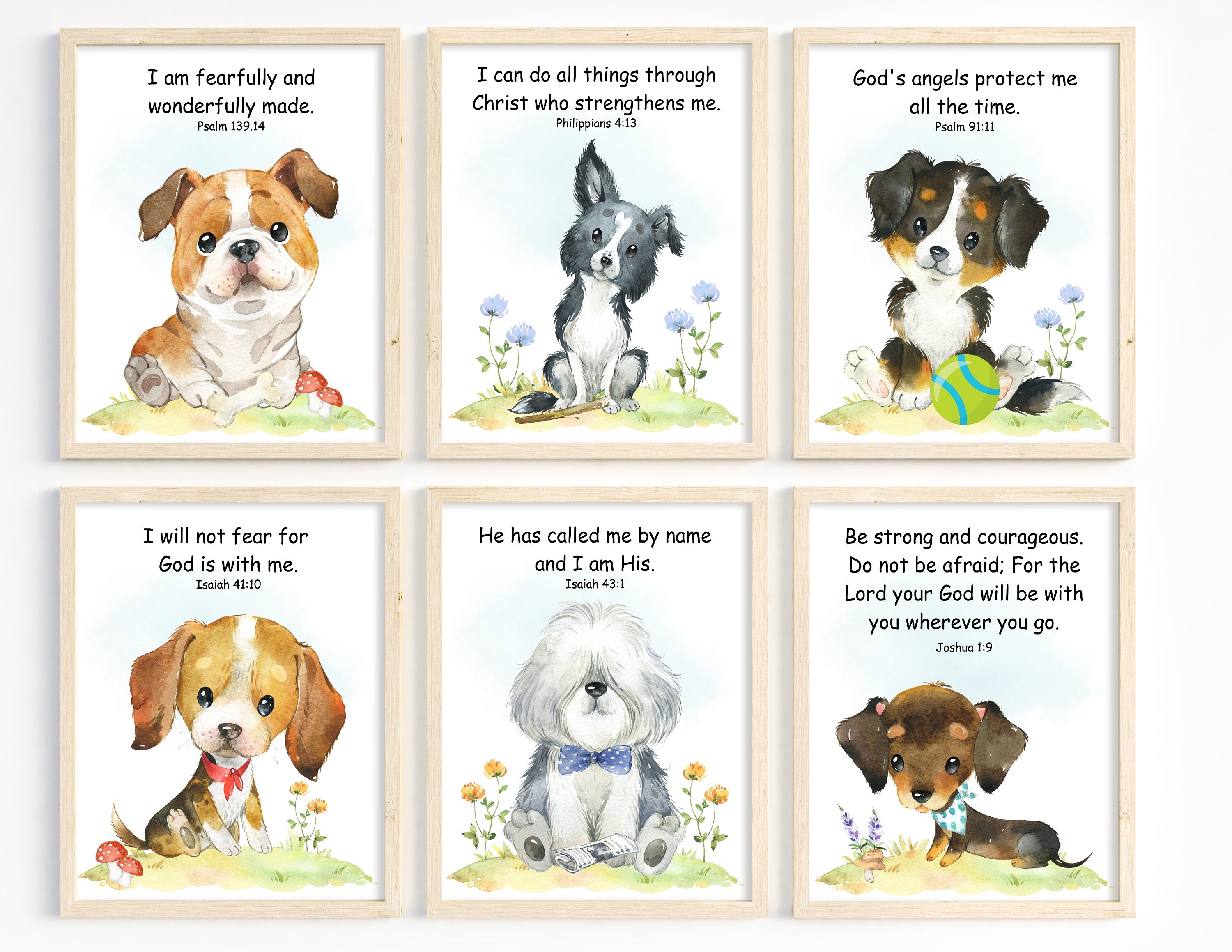 Kids Bible Verse Wall Art, Puppy Dog Prints, Scripture Prints for